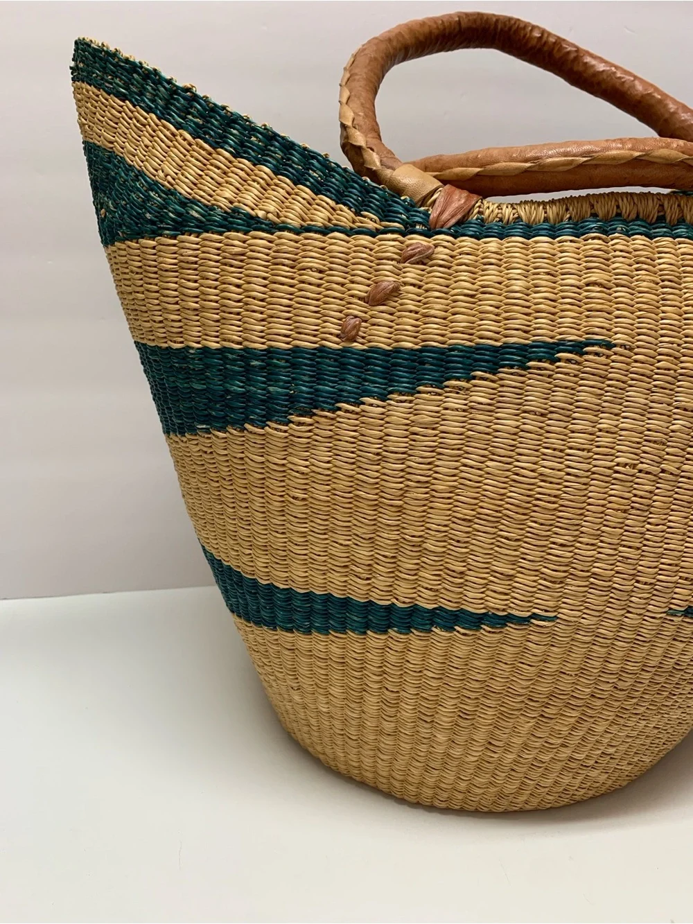 Handwoven Bolga Market Basket with Leather Wrapped Handles Large U Shopper